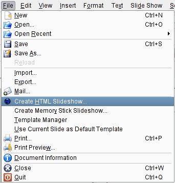 Пункт меню Файл Создать презентацию в формате HTML...