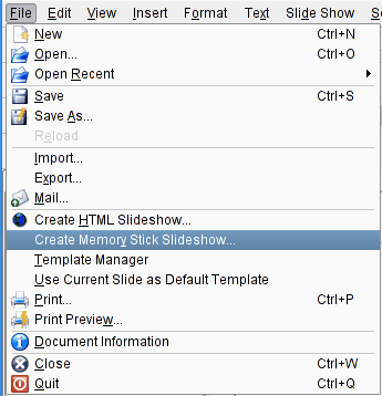 Выбор пункта меню KPresenter Создать презентацию для Memory Stick....